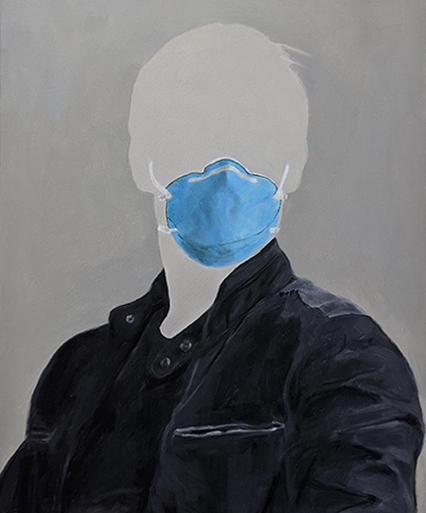 oil painting portrait of man with head blanked out in a leather jacked wearing a blue n95 surgical mask 